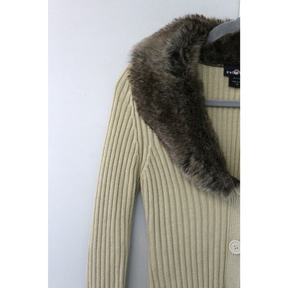 Y2K Cream It's Our Time Ribbed Knit Faux Fur Trimmed Long Button Up Cardigan M - Picture 3 of 9